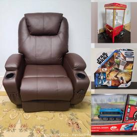 MaxSold Auction: This online auction features Toys, Pet Products, Small Kitchen Appliances, Electric Glider Recliner, NIB Desks, Area Rugs, NIB Modern Sputnik Chandelier, Electric Range, Refrigerator and much more!